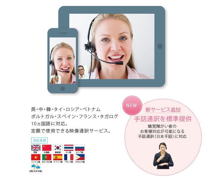 "タブレットやスマートフォンを使い、いつでもどこでもワンタッチで、
通訳オペレーターにつながりお客様との接客をサポートする映像通訳サービスです。