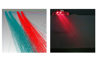 光学シミュレート（左）と製作した試作集光レンズの入光状態（右）